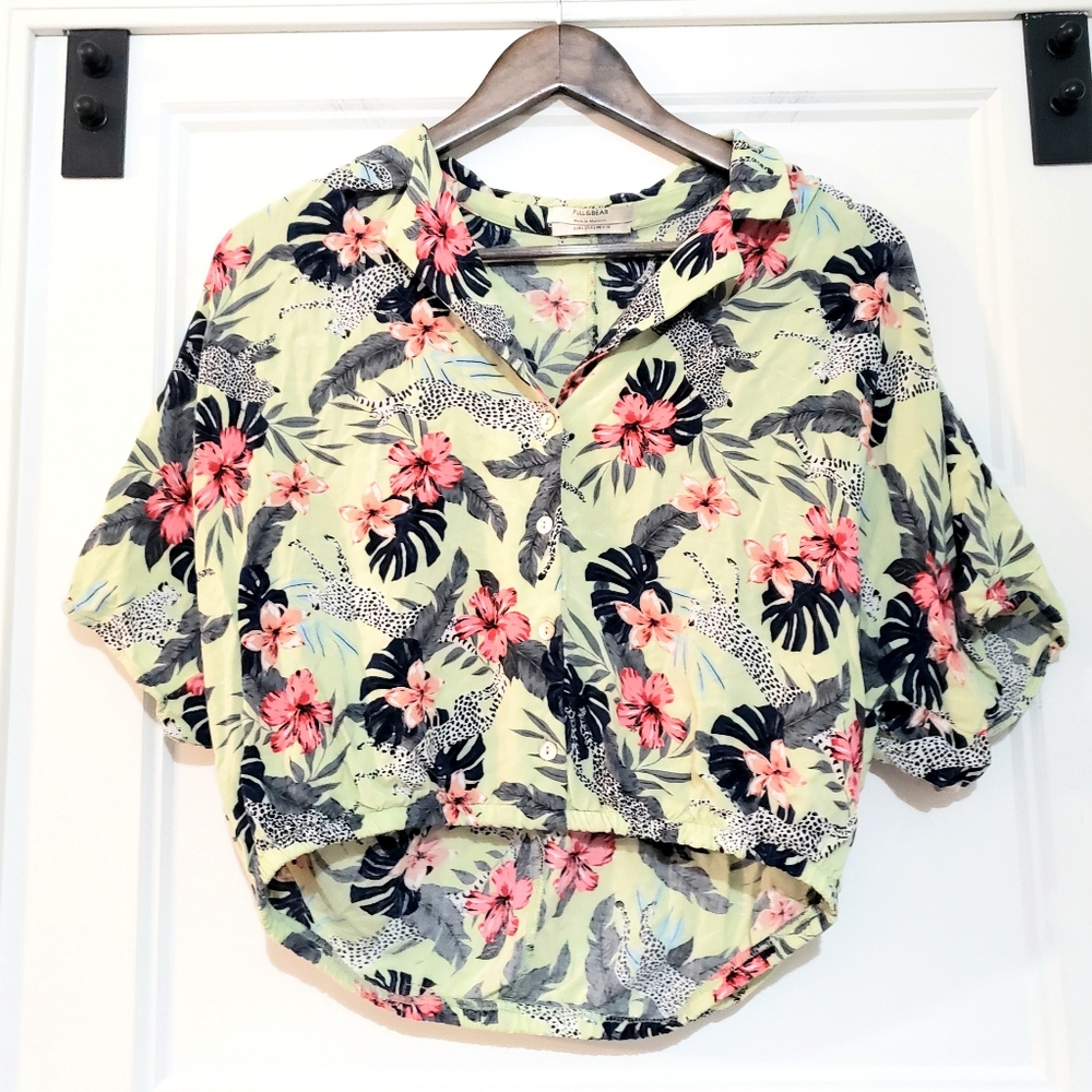 Pull & Bear Womens L Floral Crop Tropical Drop Shoulder Short Sleeve Top Button